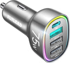 75W Car Charger USB C, 4 Port Super Fast Cigarette Lighter USB Charger, Type C 60W & QC 3.0 Multiport Car Phone Adapter Accessories for iPhone 17/16/15/14/13/12 Pro Samsung S26 Series, Titanium