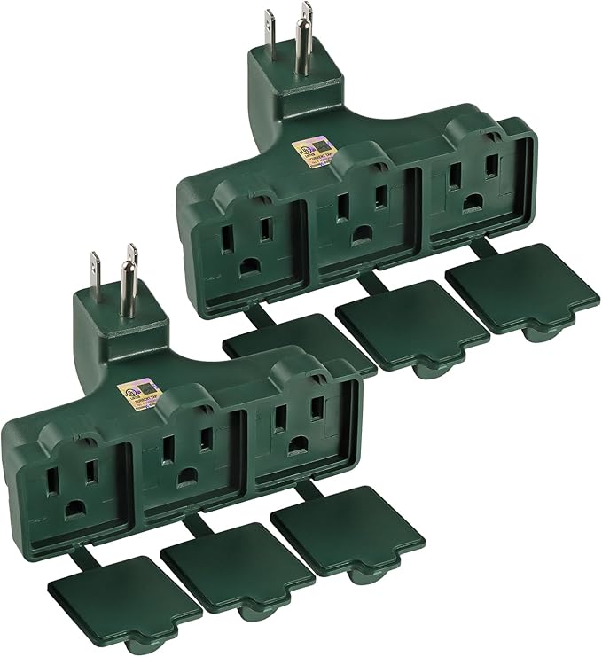 3-Prong Grounded Outdoor Wall Adapter, UL Listed Outlet Splitter, Weatherproof Heavy Duty Multi Power Plug Extender with Dust-Proof Cover, Green (2 Pack)