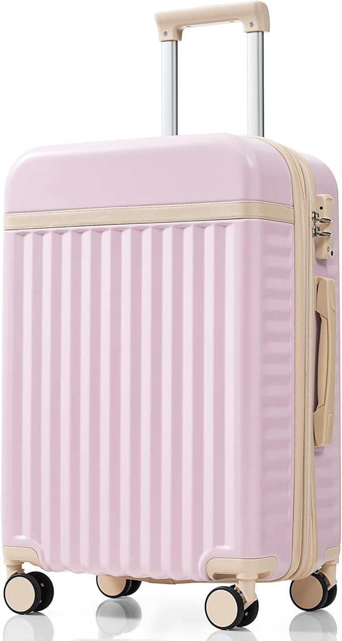 Merax 3 Piece Luggage Set ABS Hardside Suitcase Sets with Spinner Wheels and TSA Lock, 20 inch with Front Opening Design and USB Port, 20" Airline Certified Carry-on Luggage, 20" 24" 28", Light Pink