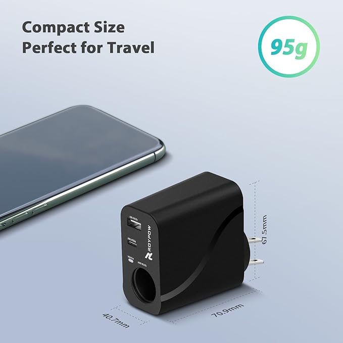 RoyPow AC to DC Converter, 110V/120V to12V Converter, 36W USB C Charger with Car Cigarette Lighter Socket, 3-Ports Wall Charger 18W PD3.0 Travel Plug 110V/120V to 12V/3A Power Adapter for iPhone, iPad