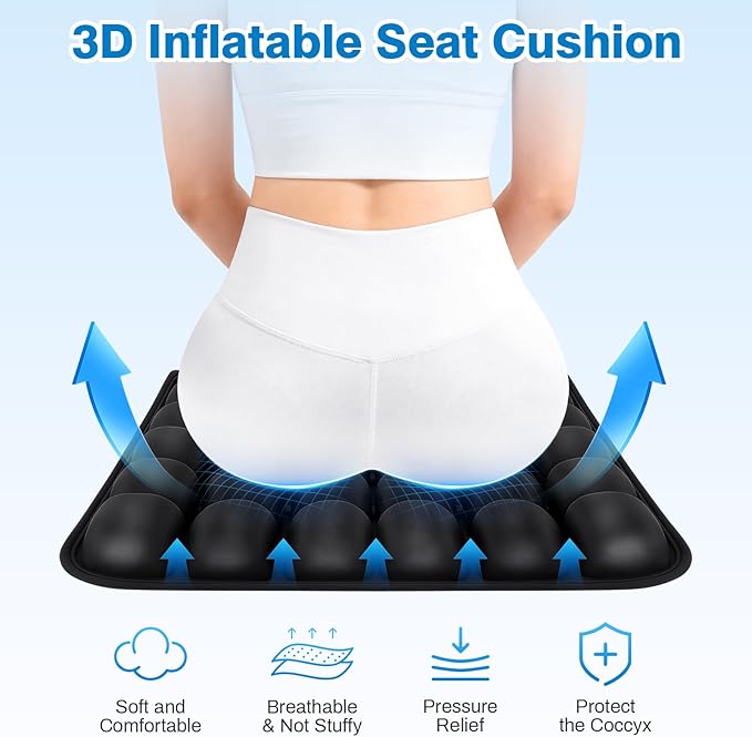 Seat Cushion, Office Chair Cushion with Storage Bag, Travel Seat Cushion for Airplane, Press Type Air Inflatable Airplane Seat Cushions for Plane, Car, Office (Single-Sided Black, Square)
