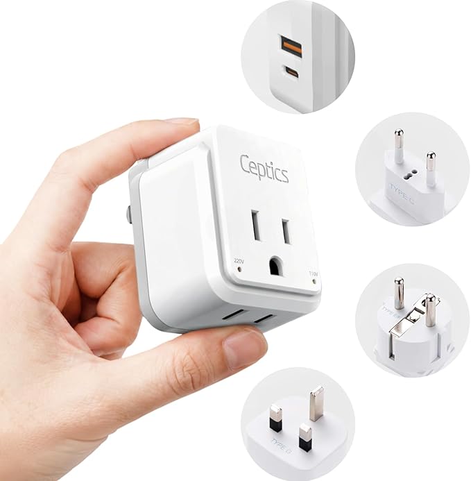 Ceptics European Plug Travel Adapter Set, 20W PD & QC, Safe Dual USB & USB-C - 2 USA Socket - Compact - Use in Germany, France, Italy, UK - Includes Type E/F, Type C, Type G SWadAPt Attachments