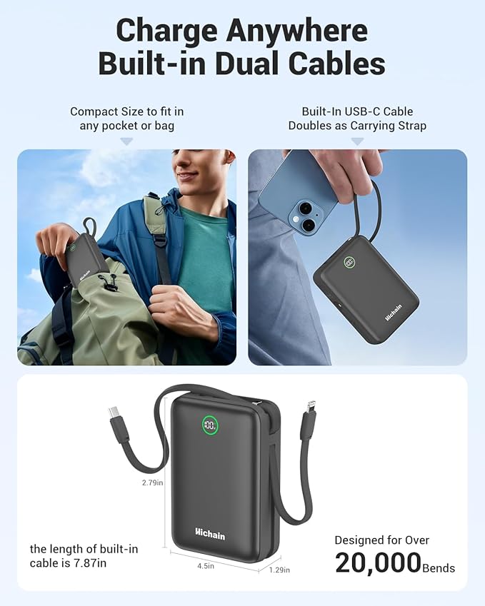 Hichain 20,000mAh 35W Power Bank Fast Charging Portable Charger for iPhone 17/16/15/14/13, iPad, Android, LED Display 4 Outputs Battery Pack Built in Dual Cables Portable Travel Charger Gray