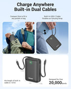Hichain 20,000mAh 35W Power Bank Fast Charging Portable Charger for iPhone 17/16/15/14/13, iPad, Android, LED Display 4 Outputs Battery Pack Built in Dual Cables Portable Travel Charger Gray