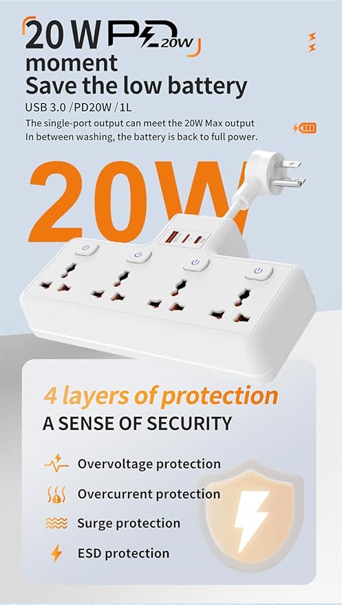Wall Mount Power Strip with 4 AC Outlets & USB-C (20W) and USB Ports, Plug Extender with Individual Switches, Space Saving Multi Plug Outlet for Home, Office, Dorm & Travel, White