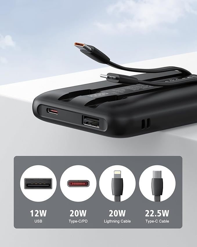 Portable Charger 10000mAh, Cell Phone Portable Power Banks with 22.5W PD Fast Charging, Compact Phone Charger Built in Cable, Compatible with Apple, Samsung, Google, Motorola and More-Black