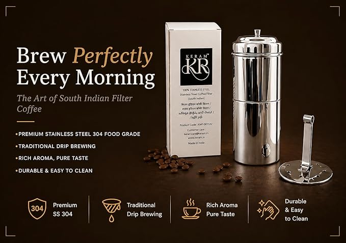 KERAM coffee filters indian style-drip coffee maker 400 ml(13.52 Oz) 8-12 cup-coffee bar accessories-madras coffee filter-dripper camping-hiking reusable/permanent slow metal filter pour over dripper