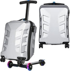 Scooter Suitcase for Kids & Adults，3-D Hardshell Ride On Scooter Luggage with Led Light Up Wheels，TSA Lock，Lightweight Foldable Carry On Rideable Suitcase for Children Teenagers (Silver, 21-inch)
