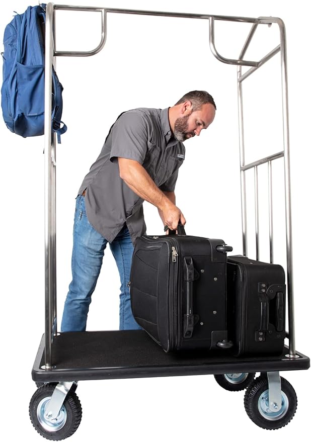 Stainless Steel Luggage Cart – 800lb Capacity – Bellman Cart w/ 6” Air Filled Tires & Black Carpet, for Hotel, Resorts, Condos, Commercial Use (Value Valet Series)
