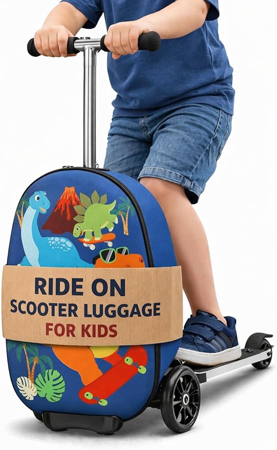 emissary Kids Luggage with Wheels, Hardside Toddler Carry On Suitcase Set, Lightweight Rolling Travel Bag for Boys and Girls, Airline Approved Travel Gifts - Blue Scooter