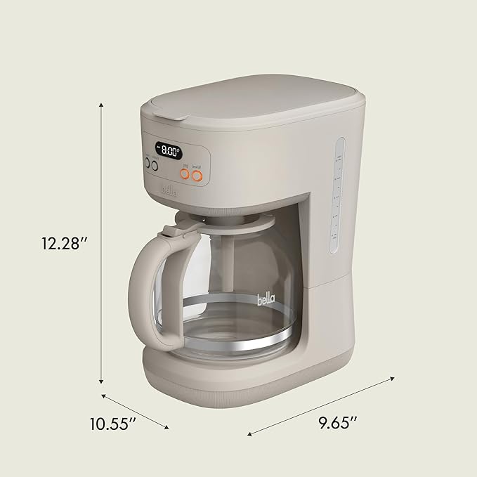 BELLA 12 Cup Programmable Coffee Maker, Reusable Dishwasher Safe Accessories, Easy LCD display, Auto Shutoff, 900 watt, Oatmilk