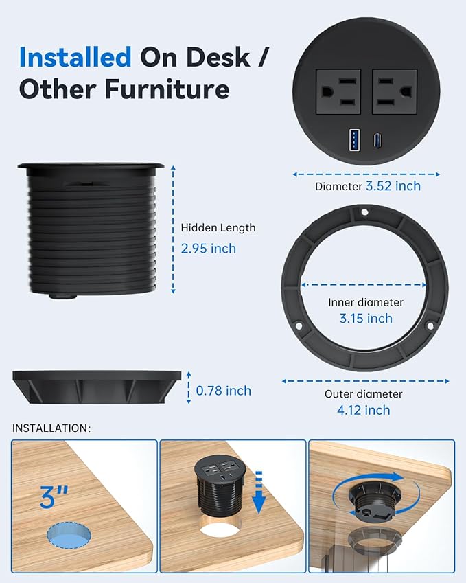 Desktop Power Grommet with 20W USB C Fast Charging, 3 inch Flush-Mount Recessed Power Strip for Desk,Office Tables,Furniture, Recessed Outlet 6FT Cord, 45° Thin Flat Plug, 2 USB Ports, Black