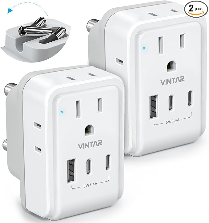 2 Pack South Africa Plug Adapter, VINTAR Foldable Type M Power Adaptor with 4 AC Outlets 3 USB Ports(2 USB C), Travel Essentials for US to Bhutan Namibia Nepal Malaysi