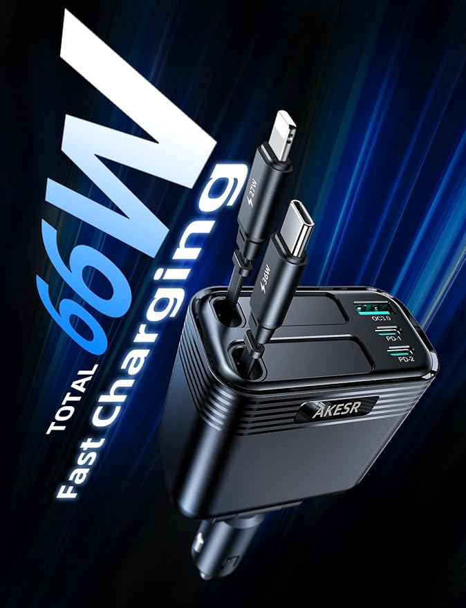 AKESR 5-in-1 Retractable Car Charger for iPhone 17, 66W USB-C Car Adapter A Versatile Gift for Both Men and Women, for iPhone 17/16/15/14/13/12 and Android for Samsung S25 Series.
