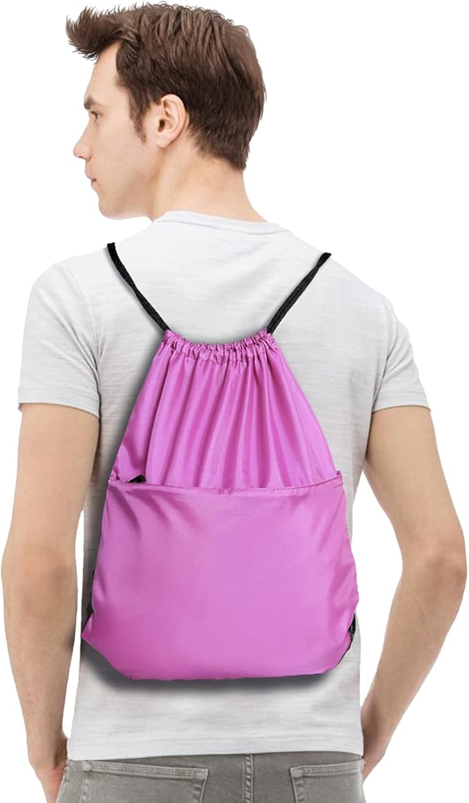 Drawstring Backpack Sports Water Resistant String Bag Sport Gym Sackpack for Women Men Large with Zipper, Pink