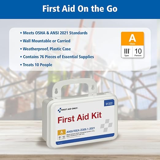 First Aid Only 91322 ANSI A 2021 and OSHA Compliant First Aid Kit, 10-Person Emergency First Aid Kit for Business, Home, Car, and Worksites, 76 Pieces