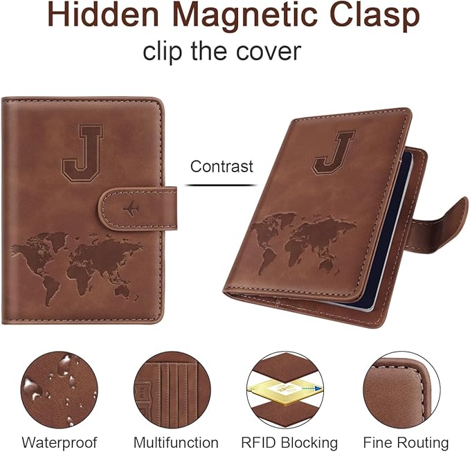 Passport Holder Wallet Cover Personalized Letter A-Z Travel Wallet RFID Blocking Passport Cover Wallet Case for Travel Passport Book Holders for Women and Men, Brown-J