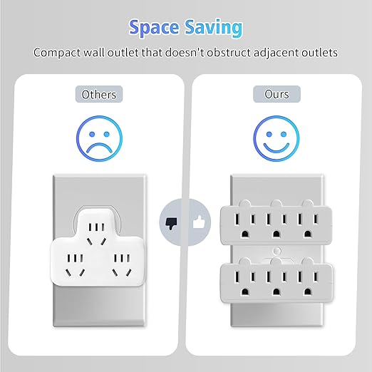 3 Plug Wall Adapter, 2-Pack 3 Outlet Adapter Grounded 180 Degree Swivel Wall Plug Outlet, UL Listed Rotating Outlet Extender, Electrical Plugs 3 Prong for Home Office School Dorm