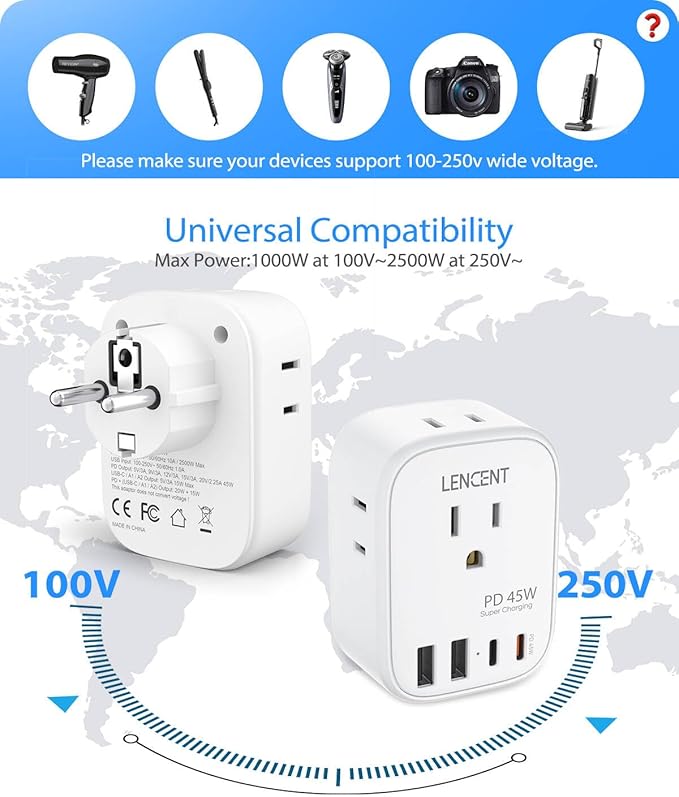 LENCENT Germany France Travel Power Adapter, PD 45W USB C Fast Charger, Schuko Type E F Plug Adaptor with 4 Outlets, Travel Essentials for US to Europe EU Spain Greece Russia Germany South Korea
