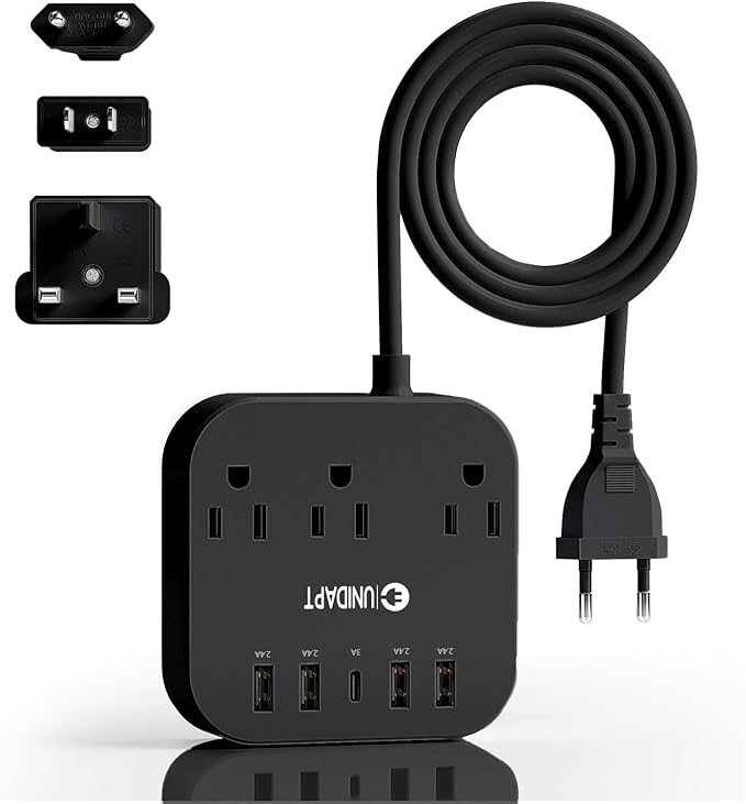 European Plug Adapter, Unidapt US to UK Europe Power Strip for EU/UK/US with USB C and 4 USB Ports, 3 AC Outlets, Wall Mountable, 5ft Extension Cord, for Travel Cruise Ship Home (Black)