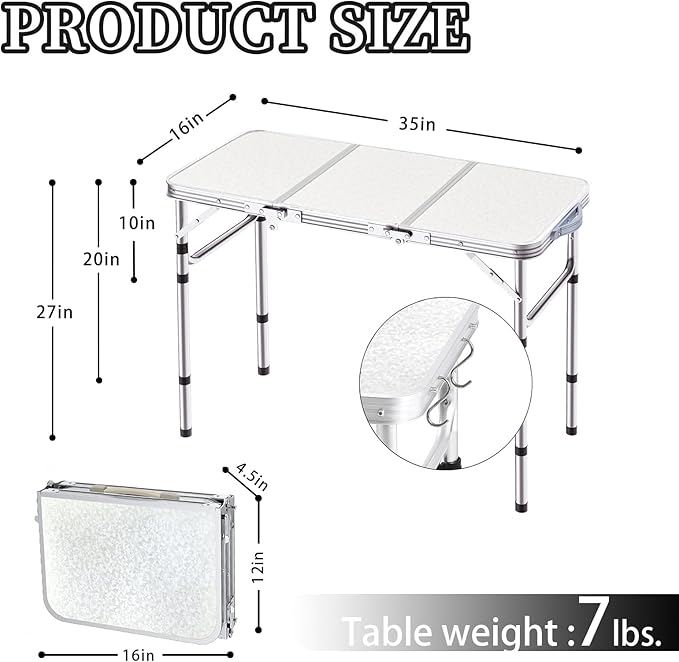Yriuat Folding Camping Table 3ft Portable Pinic Table Adjustable Height Small Card Table Aluminum Foldable Lightweight with Carry Handle for Outdoor Indoor Hiking Camp BBQ Beach