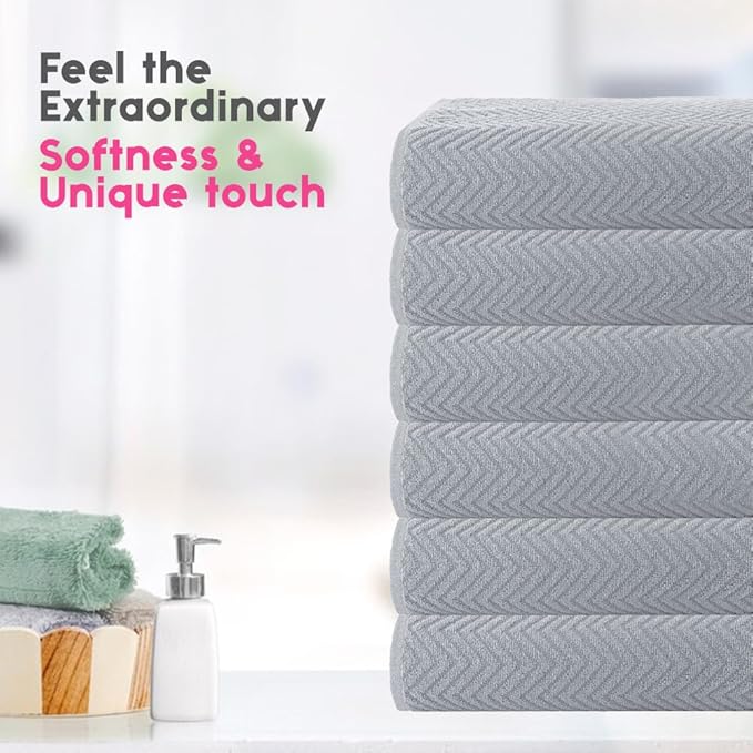 CASA COPENHAGEN Wave Textured 6 Pieces Small Bath Towel Set - Grey Voilet, 24" x 48", 550 GSM 6 Bath Towel Rough & Tough Use Cotton Towels Gift Set for Bathroom