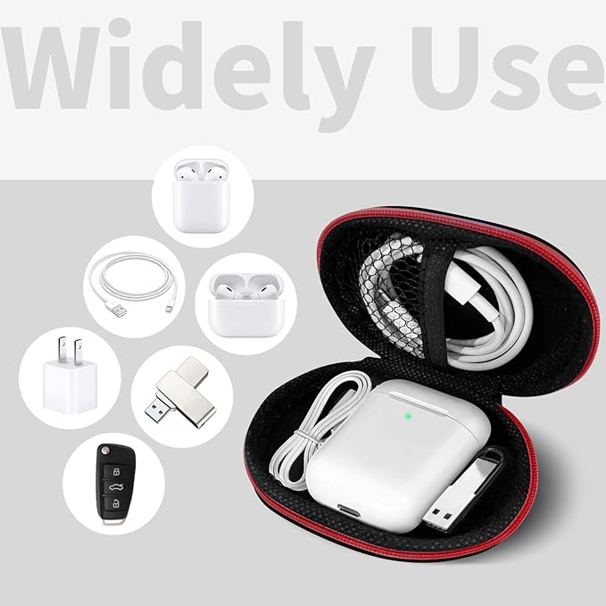 for Earbuds Carrying Case, Small Oval Storage Cases, Tech Pouch, Portable Storage Earbud Pouch Bag for Earbuds, in-Ear Headphones, Earphones, Headsets, Hearing Aids, USB Charging Cable, Red
