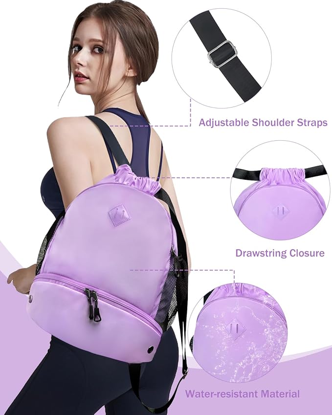 RHDZO Drawstring Backpack Gym Backpack with Shoe Compartment for Men Women String Sports Bag with Wet Pocket Cinch Swim Beach Bag, Large Purple