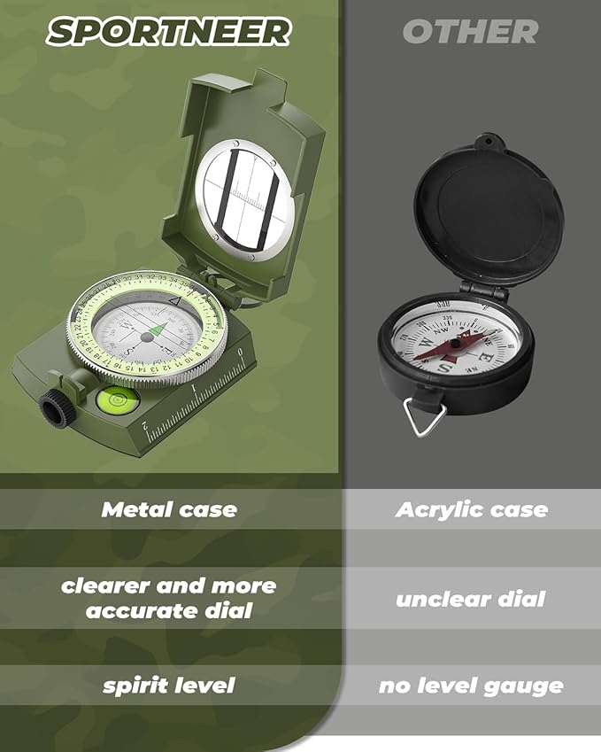 Sportneer Compass: Accurate Durable Lightweight Orienteering Compass with Strap and Carrying Case, Glow in The Dark Waterproof Hiking Essentials for Camping Backpacking, Best Survival Gifts for Kids