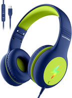 Voopwink Kids Headphones Wired with Microphone, USB Type C Headphones for Kids Girls Boys with Cord/LED Lights/85/94dB Volume Limit, Portable Over Ear Headphones for School/Travel/Tablet/iPad