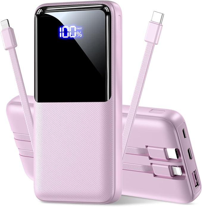 CFIAI Portable Charger Power Bank - 15000mAh Battery Pack Portable Phone Charger with Built in Cable 22.5W Fast Charging Powerbank Compatible with iPhone Android Samsung Phone, Lavender