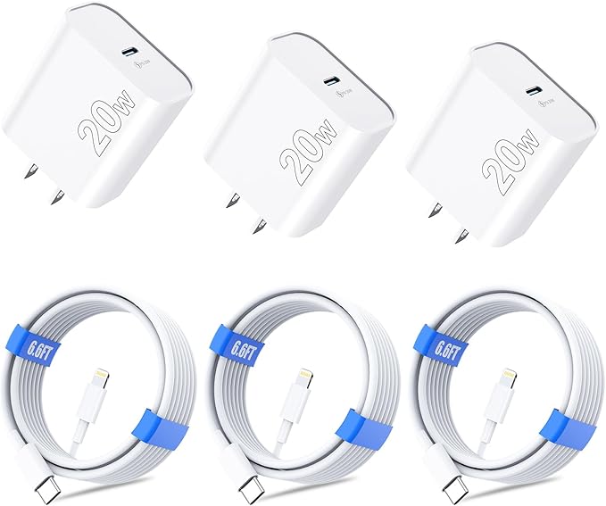 for iPhone 14 13 12 11 Charger Fast Charging [MFi Certified], 3-Pack 20W PD USB C Wall Charger Block with 6.6ft USB C to Lightning Cable Compatible with iPhone 14 Pro Max/Pro/Plus/Mini/iPad & More