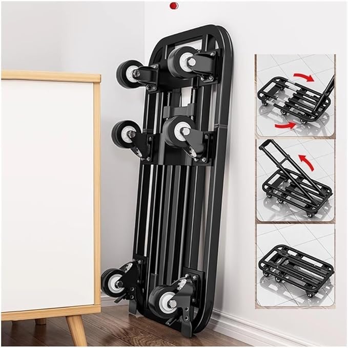 Flat Bed carts with Wheels Foldable Cargo Trolley Folding Transporter Household Flatbed Trolley Portable Luggage Express Trolley Small Trailer Trolley Heavy - Duty trolleyflatbed Truck(Black
