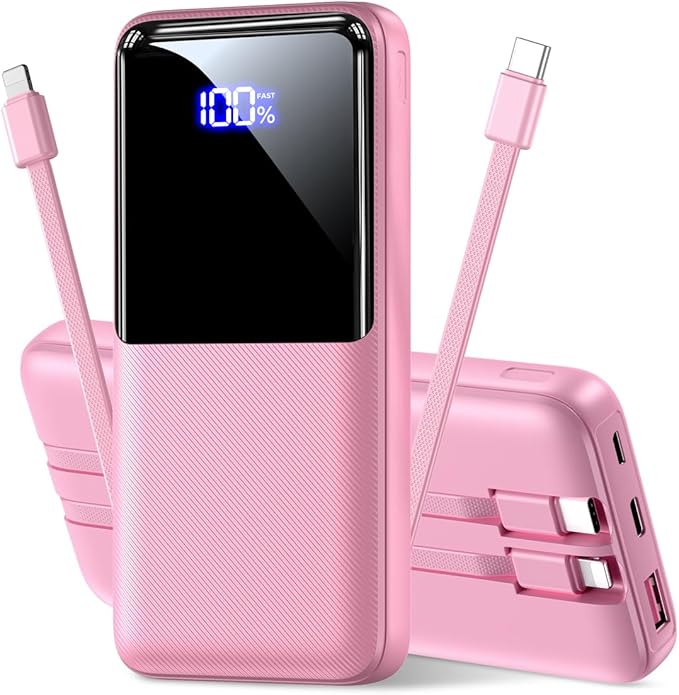 Portable Charger Power Bank - 20000mAh Battery Pack Portable Charger with Built in Cables 22.5W Fast Charging Powerbank Compatible with iPhone Android Samsung Phone, Travel Camping Essential, red