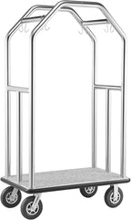 VEVOR Hotel Luggage Cart, 1500 lbs Heavy Duty Bellman Cart with Stainless Steel Frame, 8 in Rubber Wheels, Gray Carpeted Deck, Commercial Luggage Carrier Rolling Trolley for Hotels,Resorts,Silver