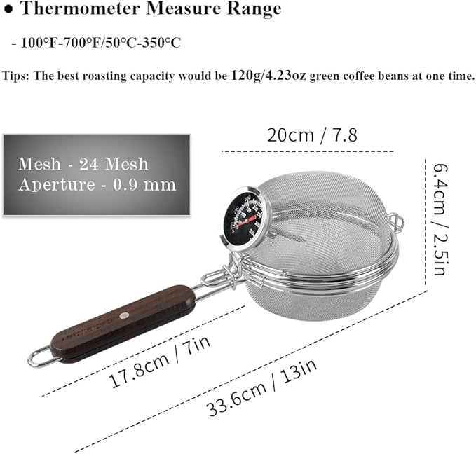 Home Coffee Bean Roaster Tool - CAFEMASY Portable Stainless Steel Handy Coffee Roaster Mesh Pan Tool with Thermometer for Home & Outdoor Coffee Beans Baking
