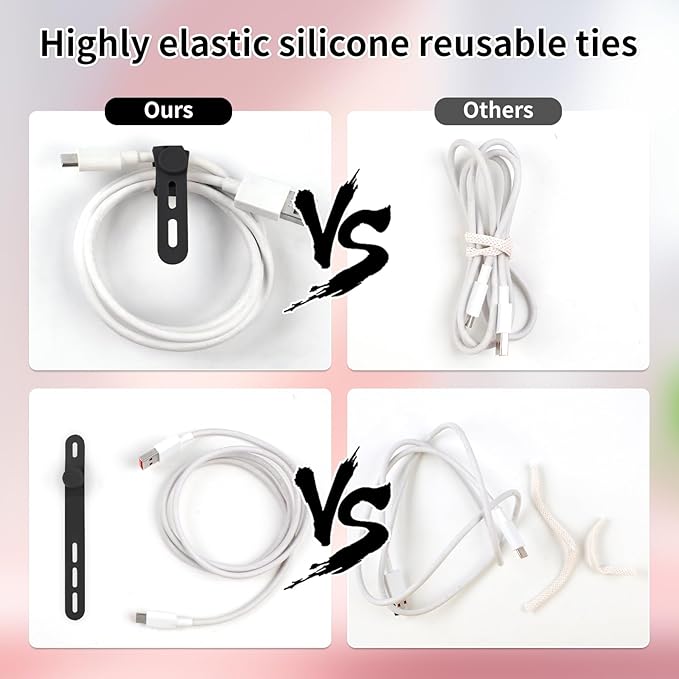 Oligei 25 Pcs Silicone Cable Ties, Cable Ties Reusable, High Elasticity Cord Wraps for Electrical Cords, Cord Organizer for Earphone, Phone Charger(Black)