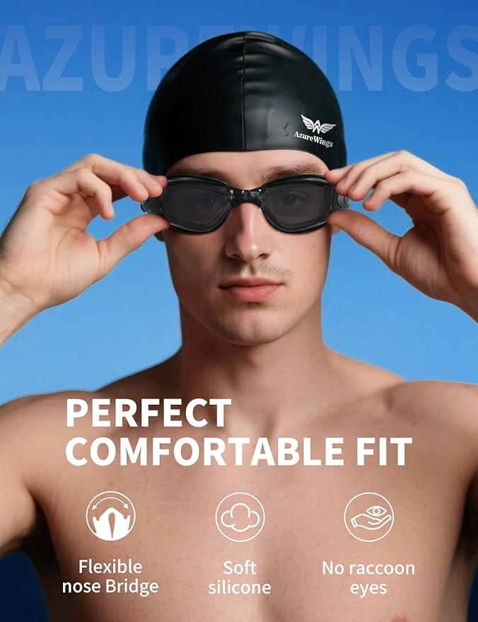 7 in 1 Swim Goggles + Swim Cap for Men Women,No Leak Anti-Fog & UV, Wide Visio HD Mirror PC Lens