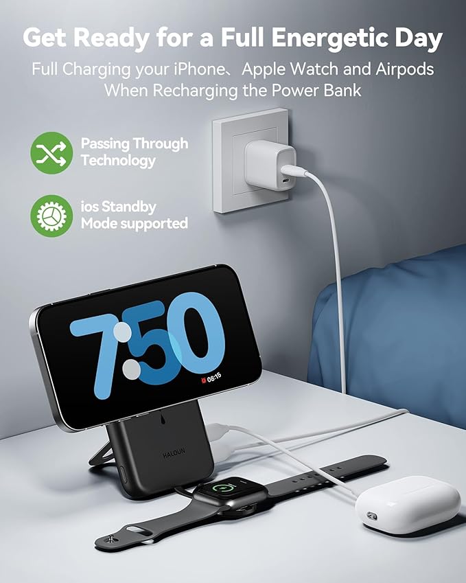 Magnetic Portable Charger for iPhone and Apple Watch, 10000mAh Wireless Power Bank PD 20W USB-C Fast Charging Battery Pack with Stand for iPhone Air 17/16/15/14/13/12 Pro Max、iWatch 11-1/SE/Ultra 3-1