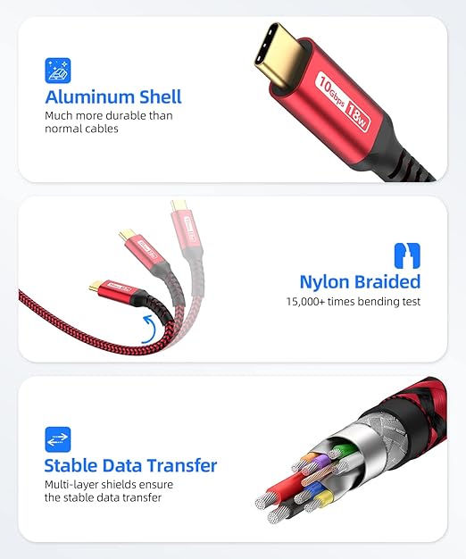 SUNGUY 10Gbps USB C 3.1 Gen 2 Cable, 5FT USB A to USB C 3A Fast Charging Android Auto, USB C CarPlay Cable, Compatible with iPhone 17/16/15 Pro Max, Galaxy S22 S21 Note 20, Pixel 6 5 (Red)