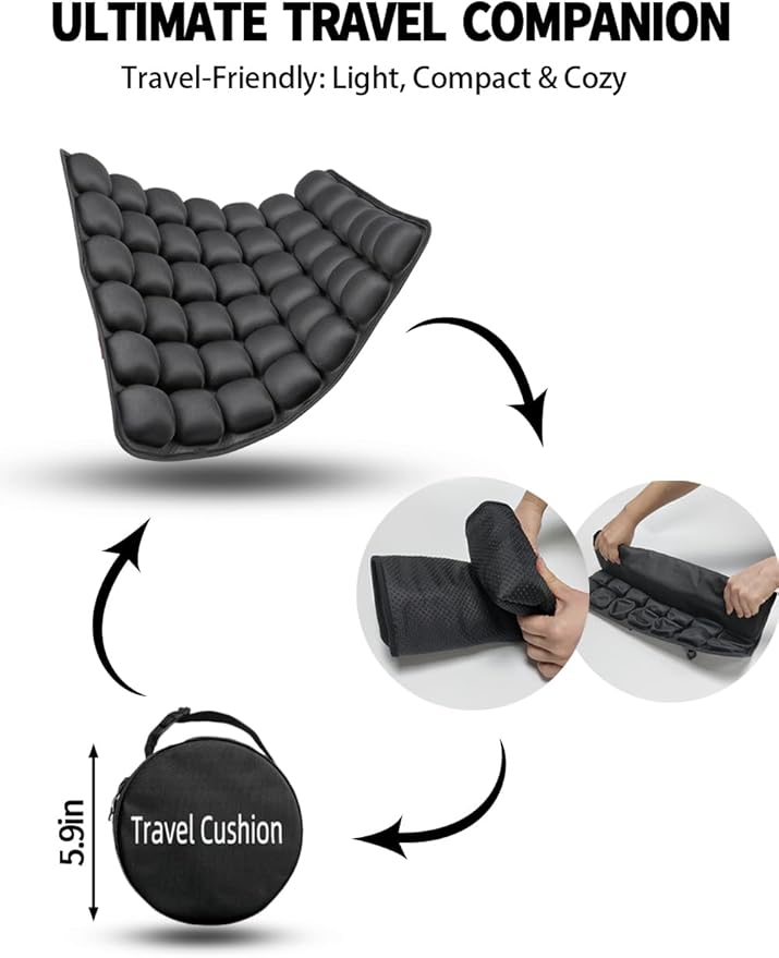 Soundur Travel Cushion Airplane Seat,Inflatable Air Bubble Design with Storage Bag for Car/Office/Kitchen Chairs.42 Air Cells, Adjustable Firmness, Non-Slip Bottom