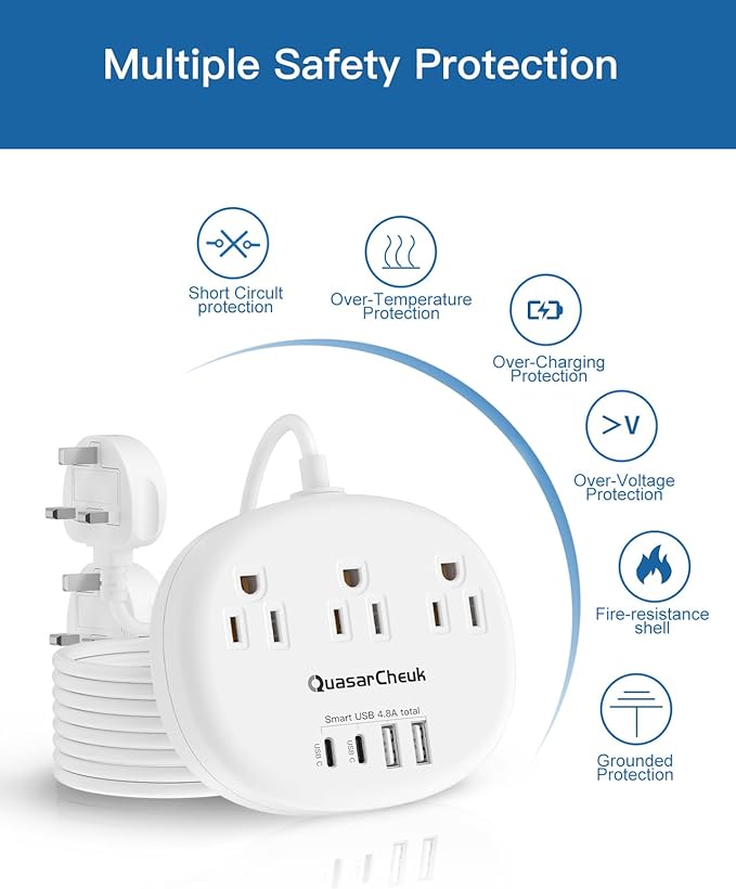 UK Ireland Travel Plug Adapter, US to UK Plug Adapter, Type G Travel Adapter with 3 Outlets 4 USB(2 USB C), 5FT Extension Cord, for US to Scotland London England British Irish Dubai Kenya Hong Kong