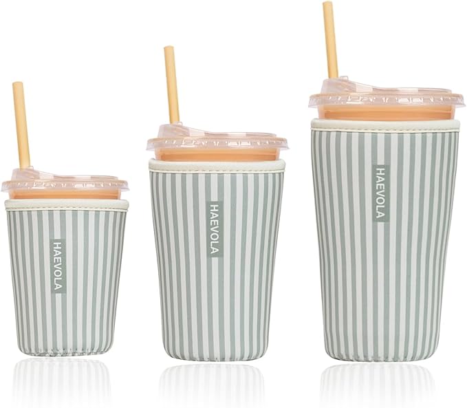 Reusable Insulated Neoprene Iced Coffee Cup Sleeve, Durable Drink Sleeve for Cold Beverages, Beverage Holder for Iced Coffee, Green Stripes