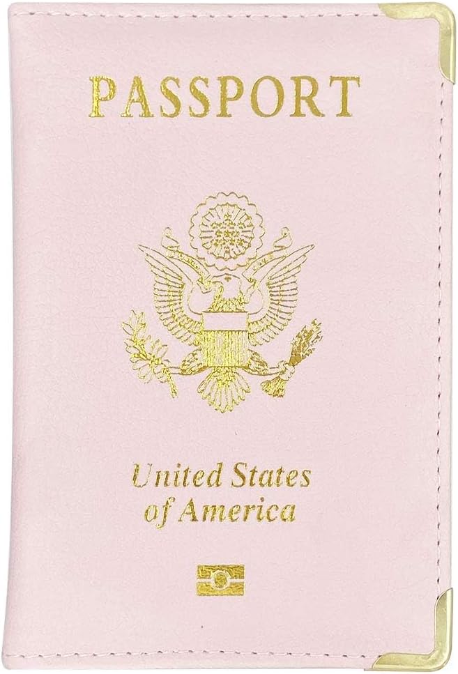Missmore PU Leather Passport Cover with Gold USA Logo Printed for Travel (Pink)