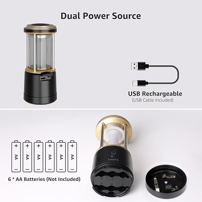 Lepro 2000LM LED Camping Lantern Rechargeable, Waterproof Tent Light with 5 Light Modes, Camping Essentials, Portable Lantern Flashlight for Camping, Emergency Light, Power Outage, USB Cable Included