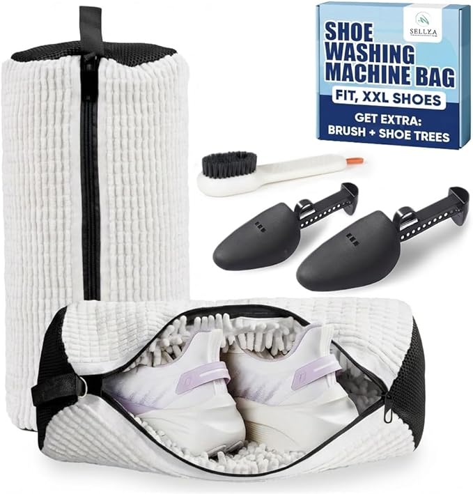 Shoe Washing Machine Bag – 2 Pcs Reusable Laundry Shoe Bag, 360° Deep Cleaning Sneaker Washing Bag, Durable Mesh Net with Zipper Protection, Fits All Shoe Types & Sizes (White, 14.8 × 7.4 Inches)