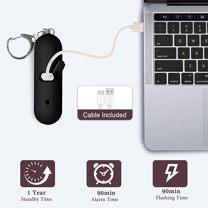 Personal Safety Alarm - Waterproof Rechargeable Security Alarm - 140dB Extra Loud Siren & Strobe Light - Self Defense Keychain - Gift for Women, Teenagers, College Girls, Seniors (Black)