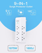 2 Pack Surge Protector Outlet Extender, 9 AC Multi Outlet Wall Plug with Rotating Plug, 1800J Wall Charger, 3-Sided Power Strip Electrical Plug Adapter Outlet Splitter for Home Office Dorm,White