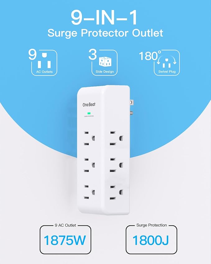 2 Pack Surge Protector Outlet Extender, 9 AC Multi Outlet Wall Plug with Rotating Plug, 1800J Wall Charger, 3-Sided Power Strip Electrical Plug Adapter Outlet Splitter for Home Office Dorm,White