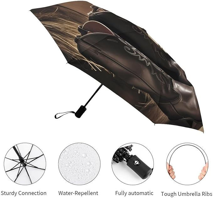 Cowboy Black Hat Western Boots Umbrellas for Rain Portable Travel Umbrellas Lightweight Automatic Windproof Folding Umbrella Compact Outdoor Beach Umbrella for Women, Men